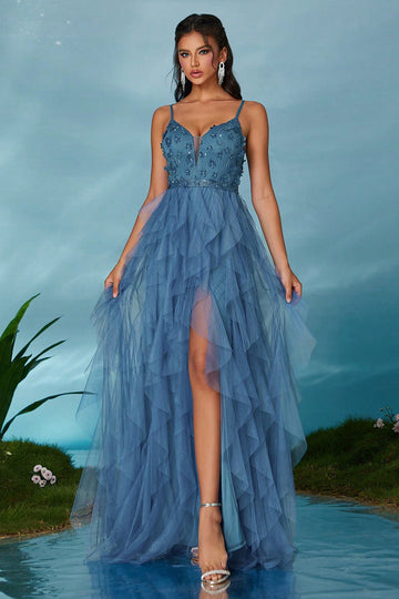 Sparkly Spaghetti Straps Grey Blue Tulle A Line Formal Dress